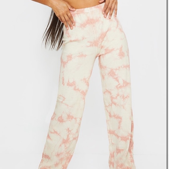 PrettyLittleThing Pants - Stone Tie Dye Ribbed Wide Leg Pants